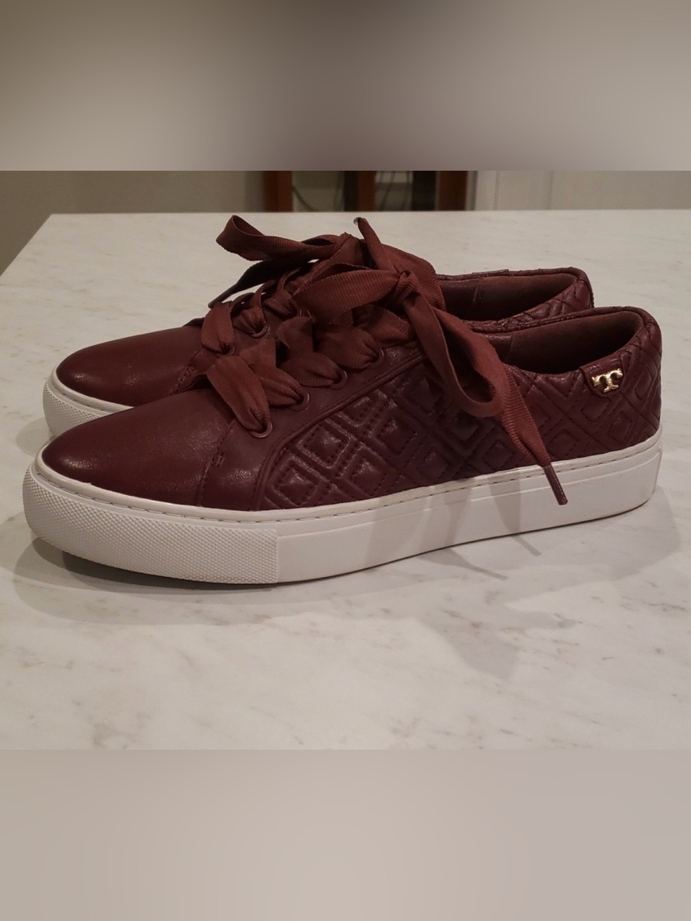 Tory Burch Leather Quilted Lace-Up Sneakers in Burgundy